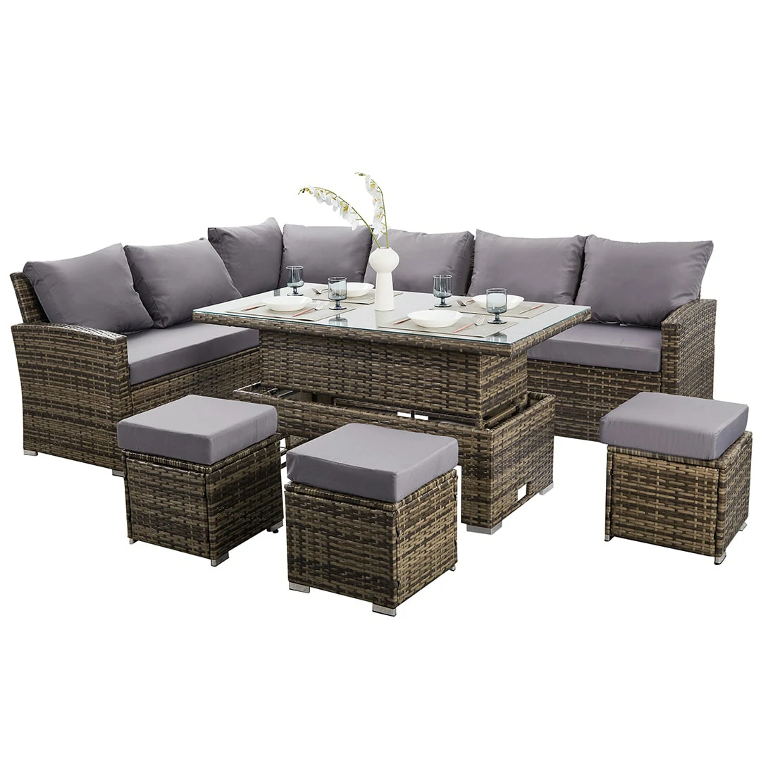 L-Shaped Corner Rattan Garden Furniture Lounge Dining Set With Rising Dining Table & 3 Stools