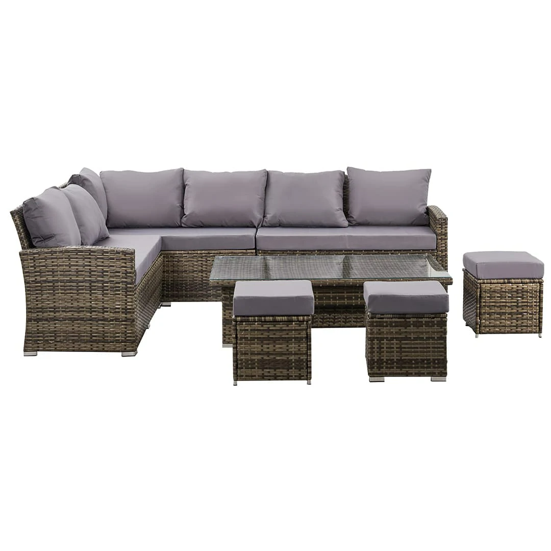 L-Shaped Corner Rattan Garden Furniture Lounge Dining Set With Rising Dining Table & 3 Stools