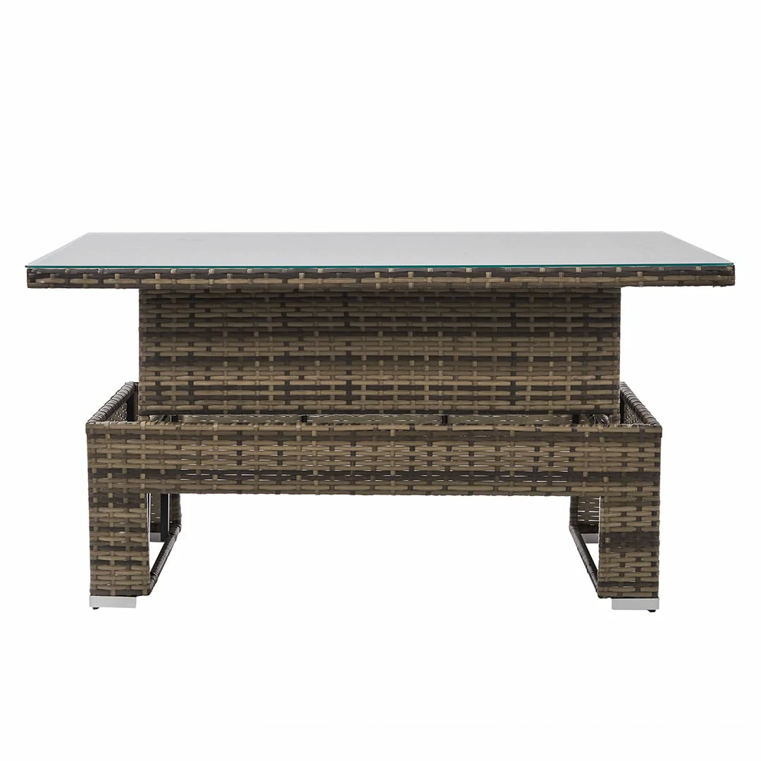 L-Shaped Corner Rattan Garden Furniture Lounge Dining Set With Rising Dining Table & 3 Stools