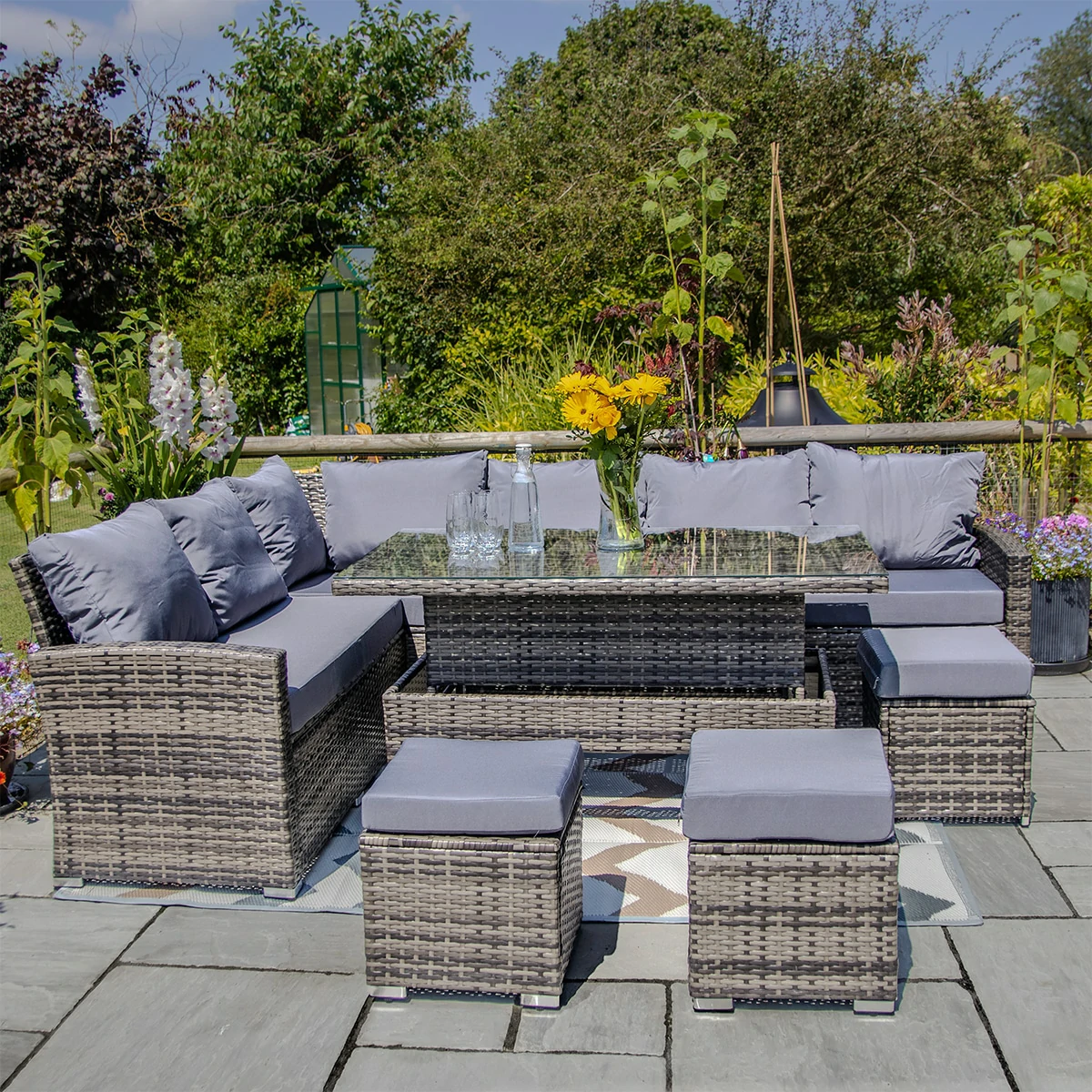 L-Shaped Corner Rattan Garden Furniture Lounge Dining Set With Rising Dining Table & 3 Stools