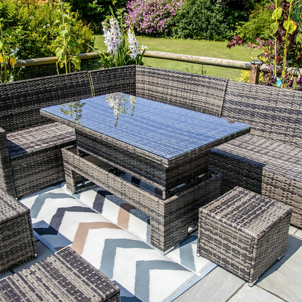 L-Shaped Corner Rattan Garden Furniture Lounge Dining Set With Rising Dining Table & 3 Stools
