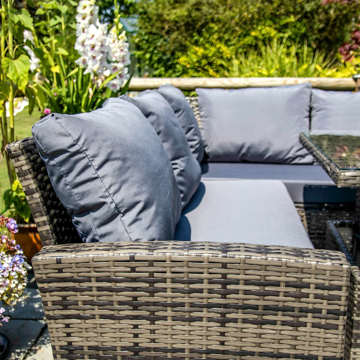 L-Shaped Corner Rattan Garden Furniture Lounge Dining Set With Rising Dining Table & 3 Stools