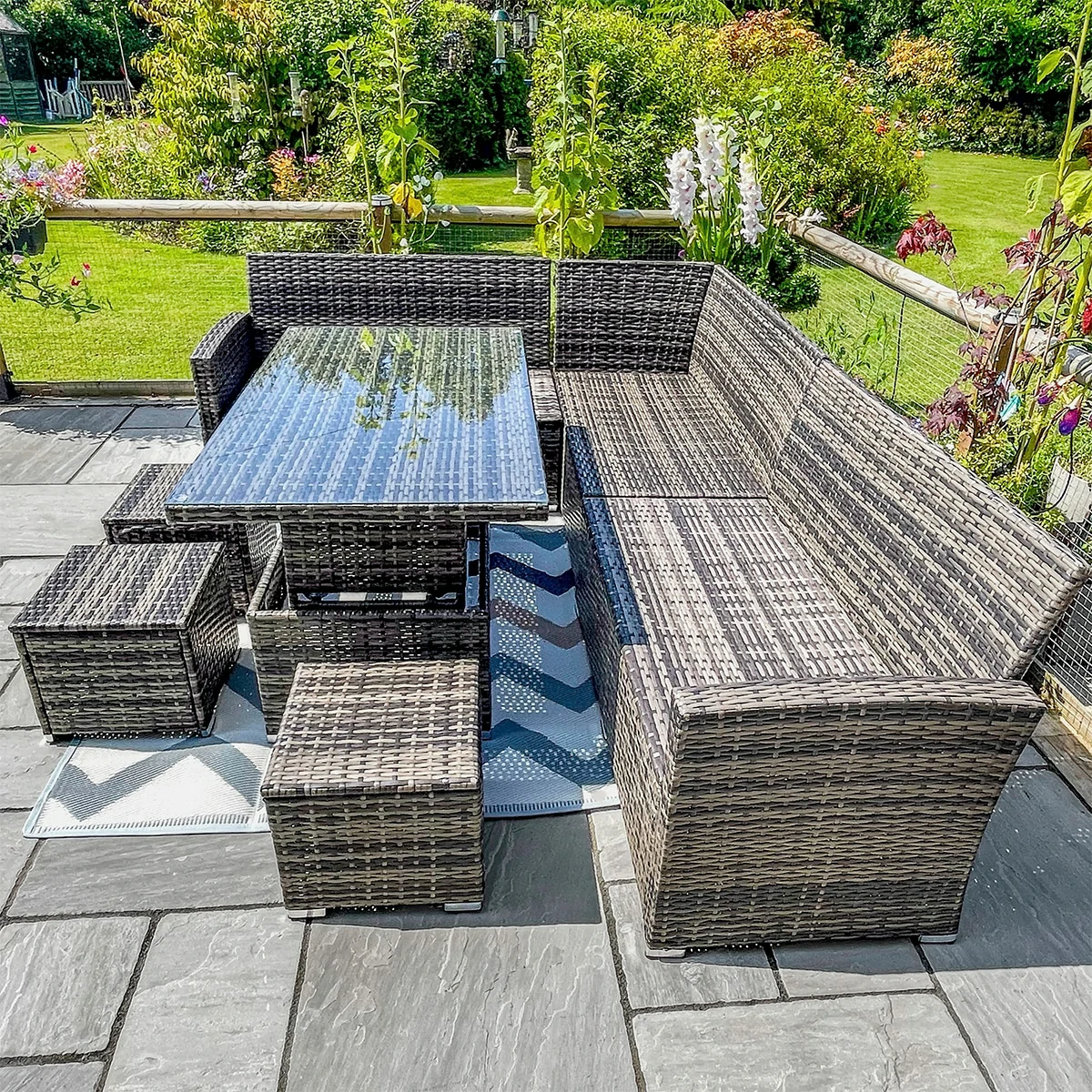 L-Shaped Corner Rattan Garden Furniture Lounge Dining Set With Rising Dining Table & 3 Stools