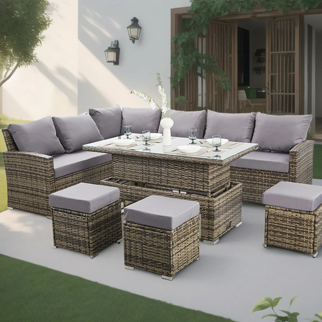 L-Shaped Corner Rattan Garden Furniture Lounge Dining Set With Rising Dining Table & 3 Stools