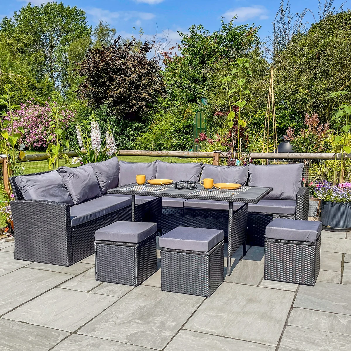 L-Shaped Corner Rattan Garden Furniture Lounge Dining Set With Dining Table & 3 Stools - Black
