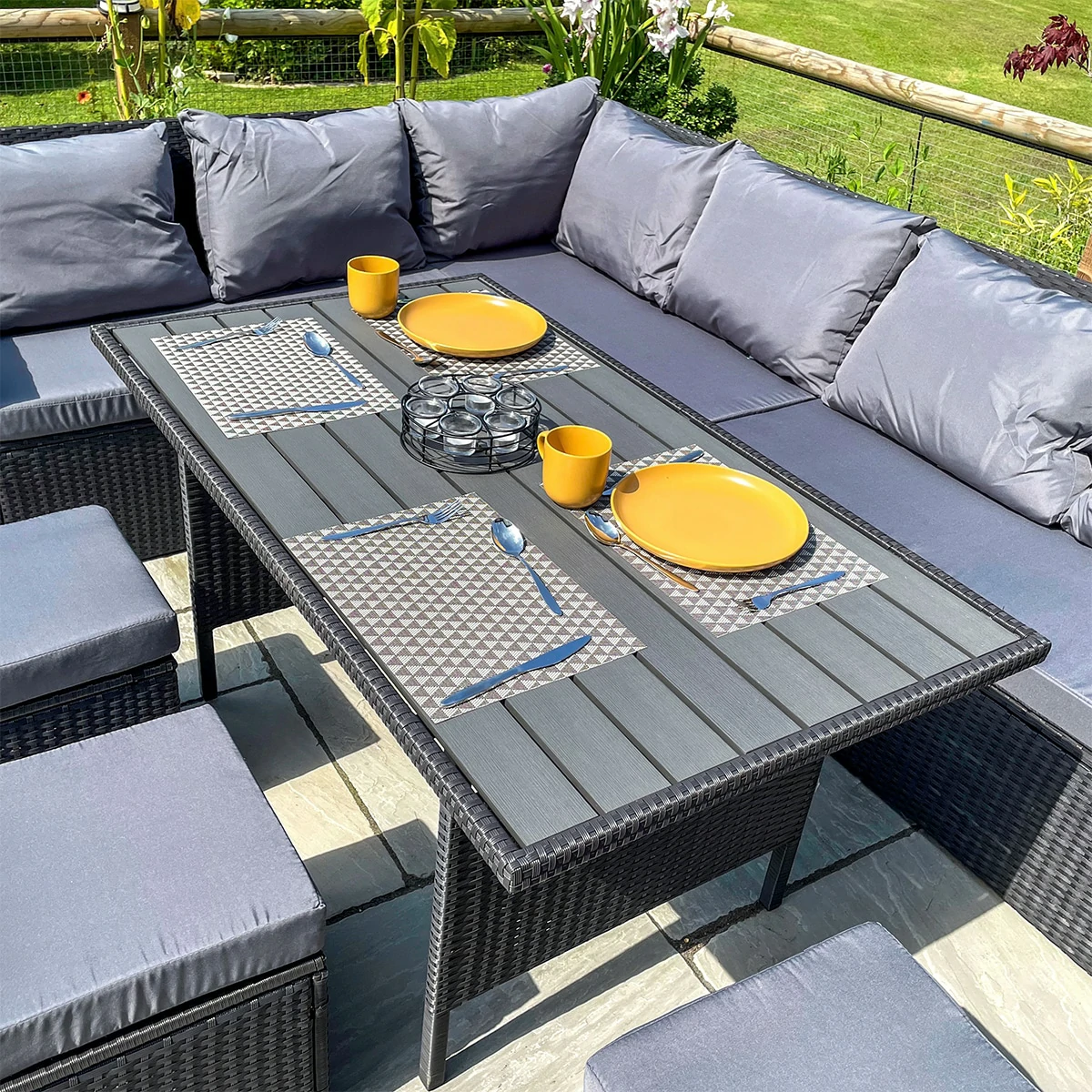 L-Shaped Corner Rattan Garden Furniture Lounge Dining Set With Dining Table & 3 Stools - Black