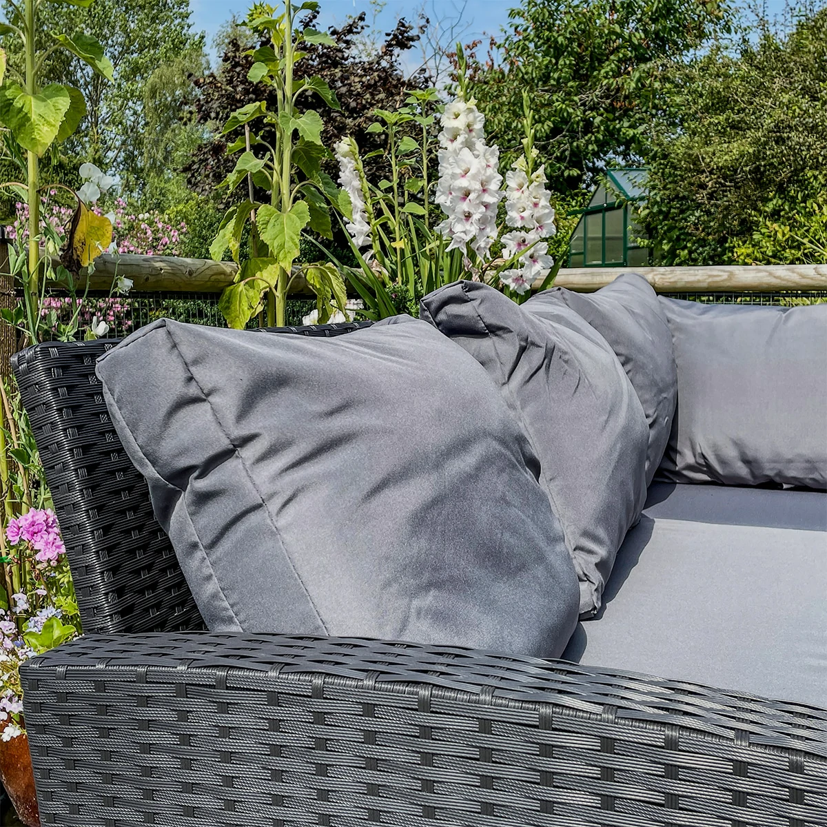 L-Shaped Corner Rattan Garden Furniture Lounge Dining Set With Dining Table & 3 Stools - Black