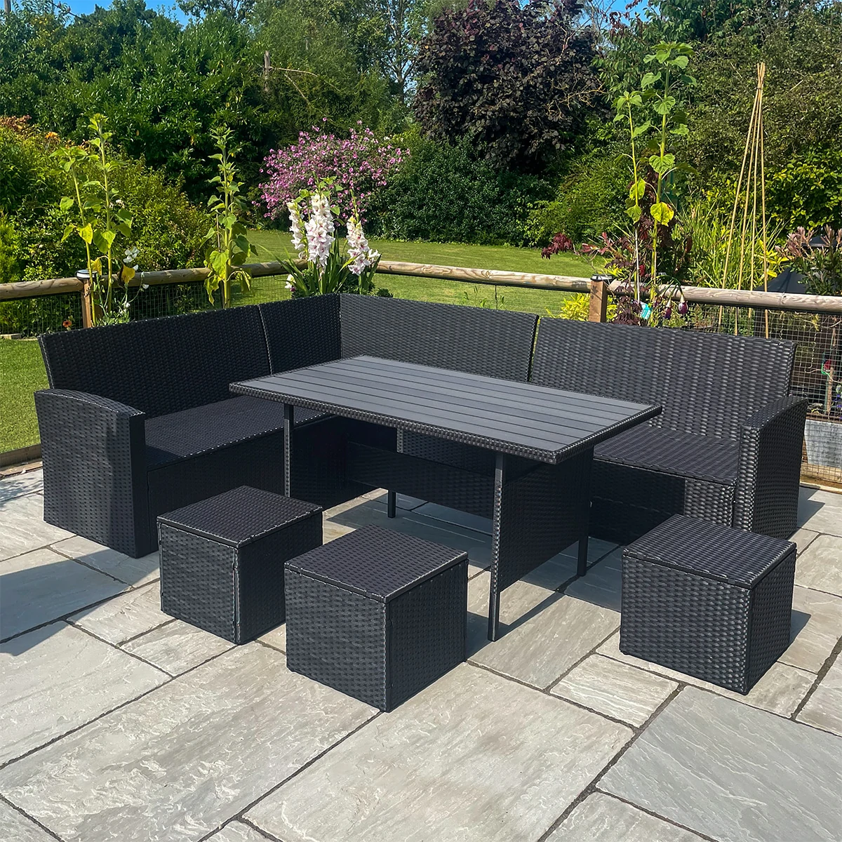 L-Shaped Corner Rattan Garden Furniture Lounge Dining Set With Dining Table & 3 Stools - Black