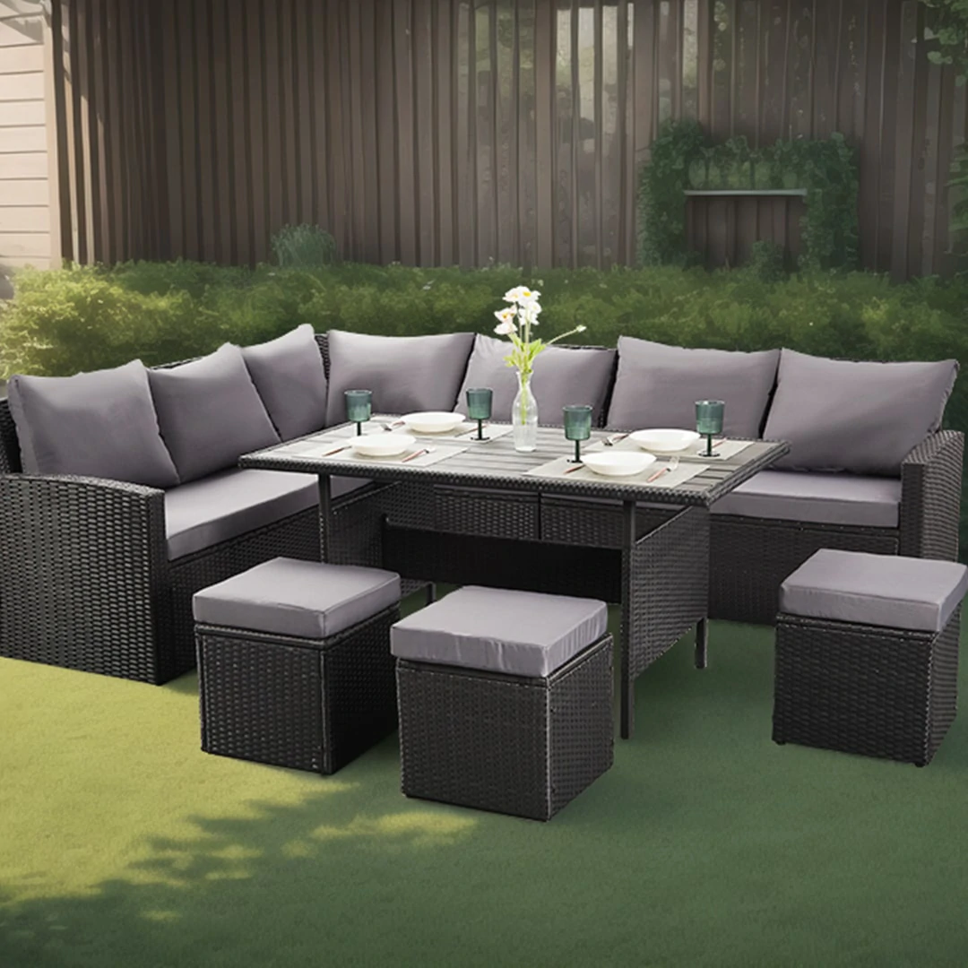 L-Shaped Corner Rattan Garden Furniture Lounge Dining Set With Dining Table & 3 Stools - Black