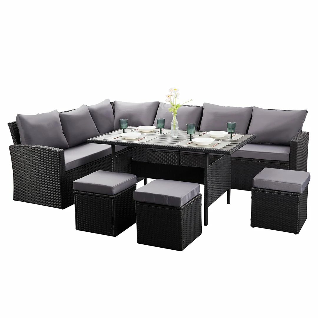L-Shaped Corner Rattan Garden Furniture Lounge Dining Set With Dining Table & 3 Stools - Black