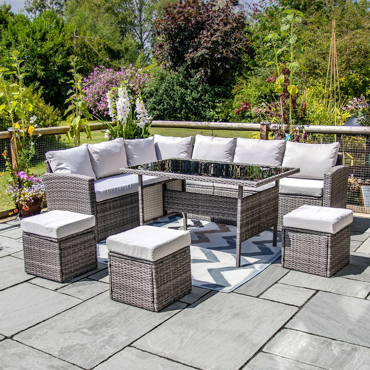 L-Shaped Corner Rattan Garden Furniture Lounge Dining Set With Dining Table & 3 Stools - Grey