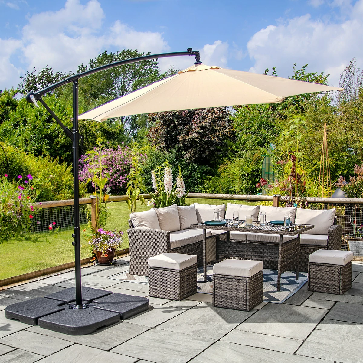 L-Shaped Corner Rattan Garden Furniture Lounge Dining Set With Dining Table & 3 Stools - Grey