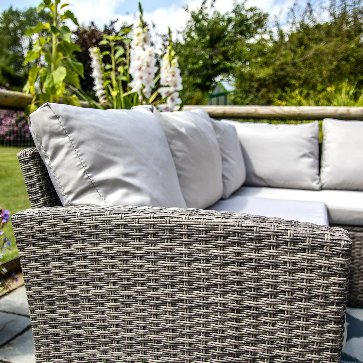 L-Shaped Corner Rattan Garden Furniture Lounge Dining Set With Dining Table & 3 Stools - Grey