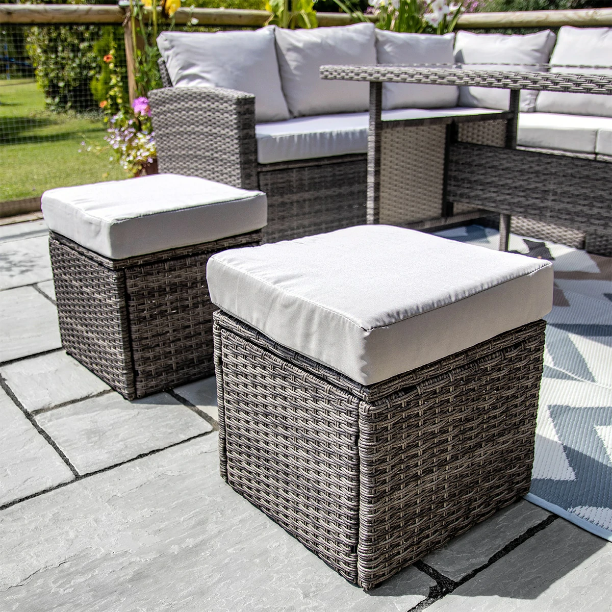L-Shaped Corner Rattan Garden Furniture Lounge Dining Set With Dining Table & 3 Stools - Grey