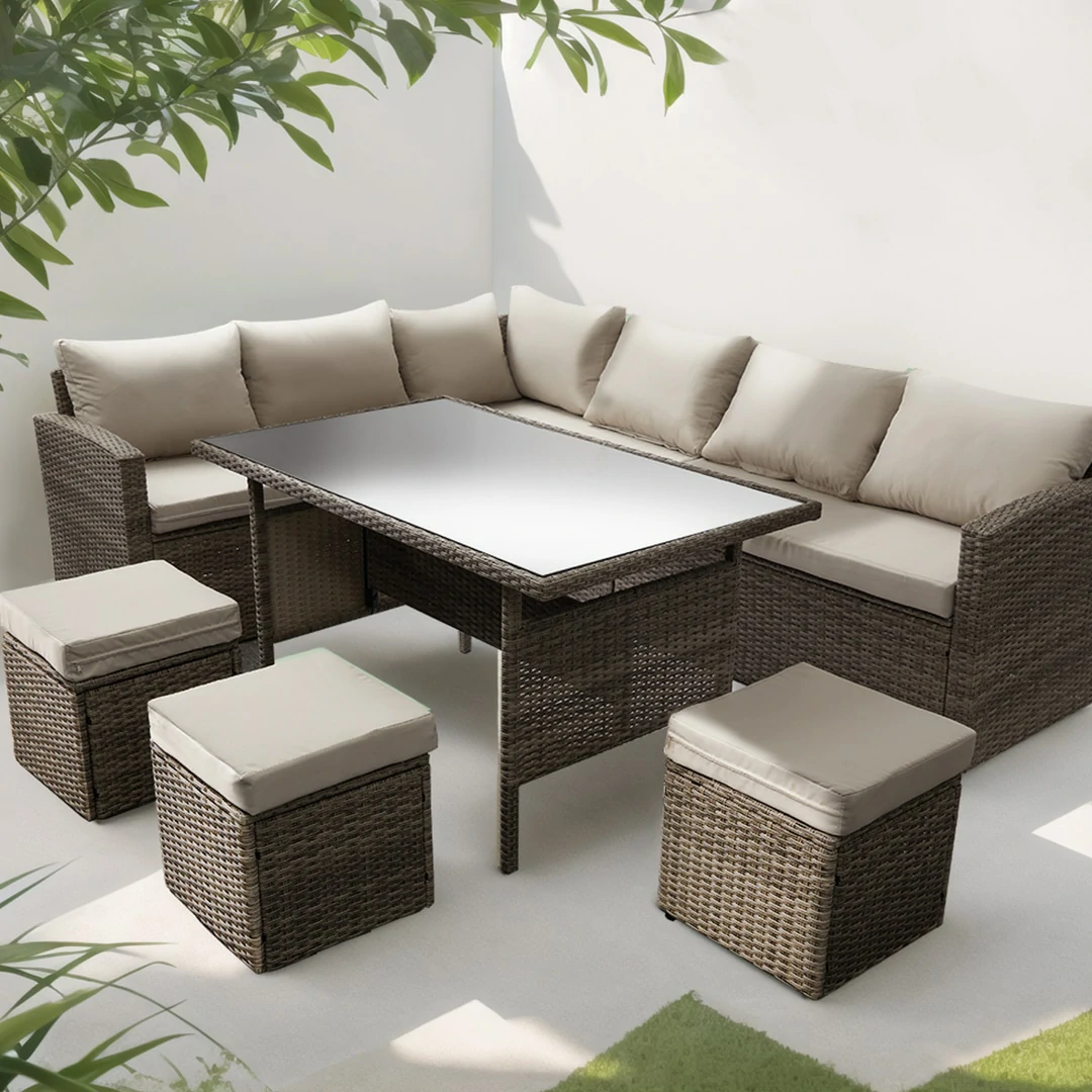 L-Shaped Corner Rattan Garden Furniture Lounge Dining Set With Dining Table & 3 Stools - Grey