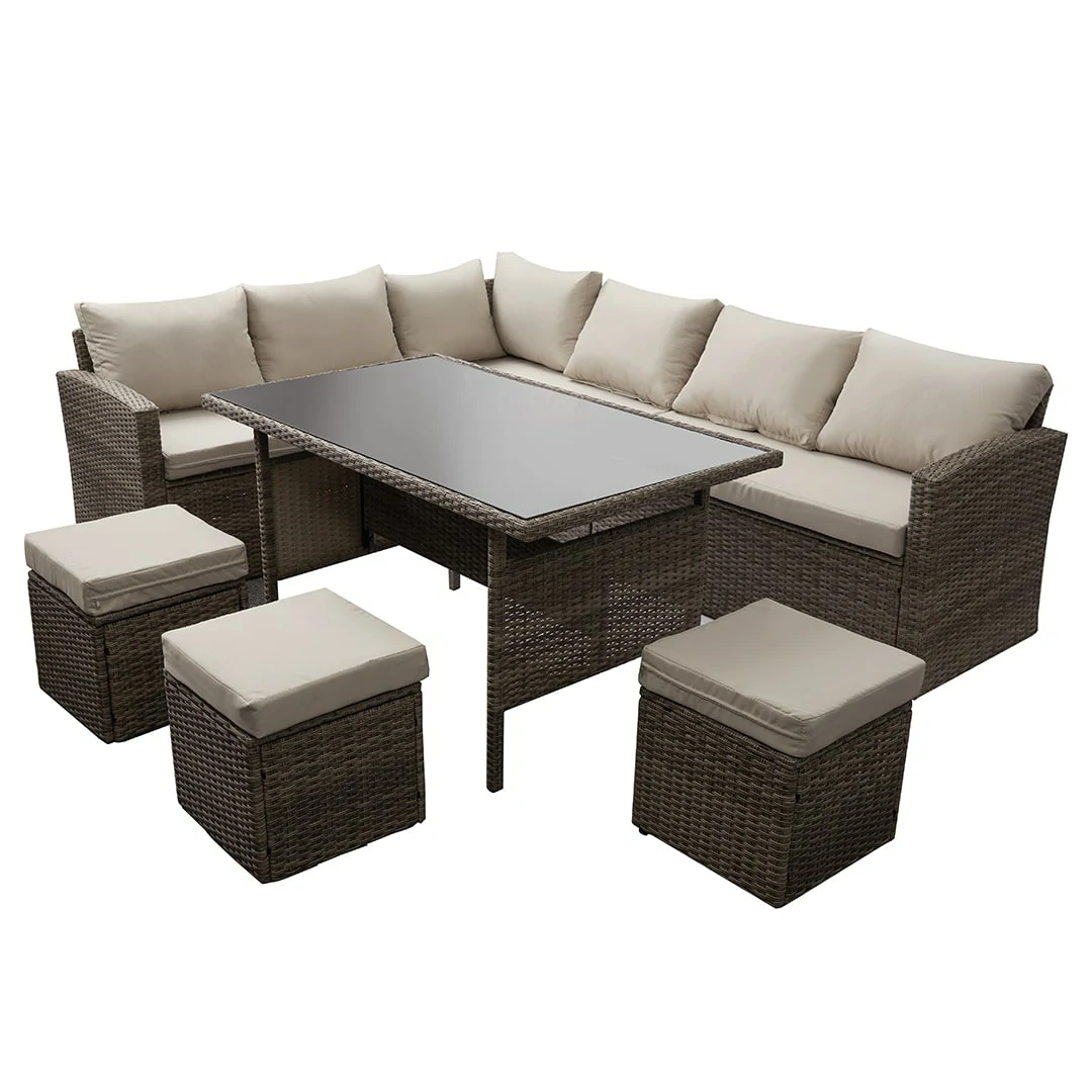 L-Shaped Corner Rattan Garden Furniture Lounge Dining Set With Dining Table & 3 Stools - Grey