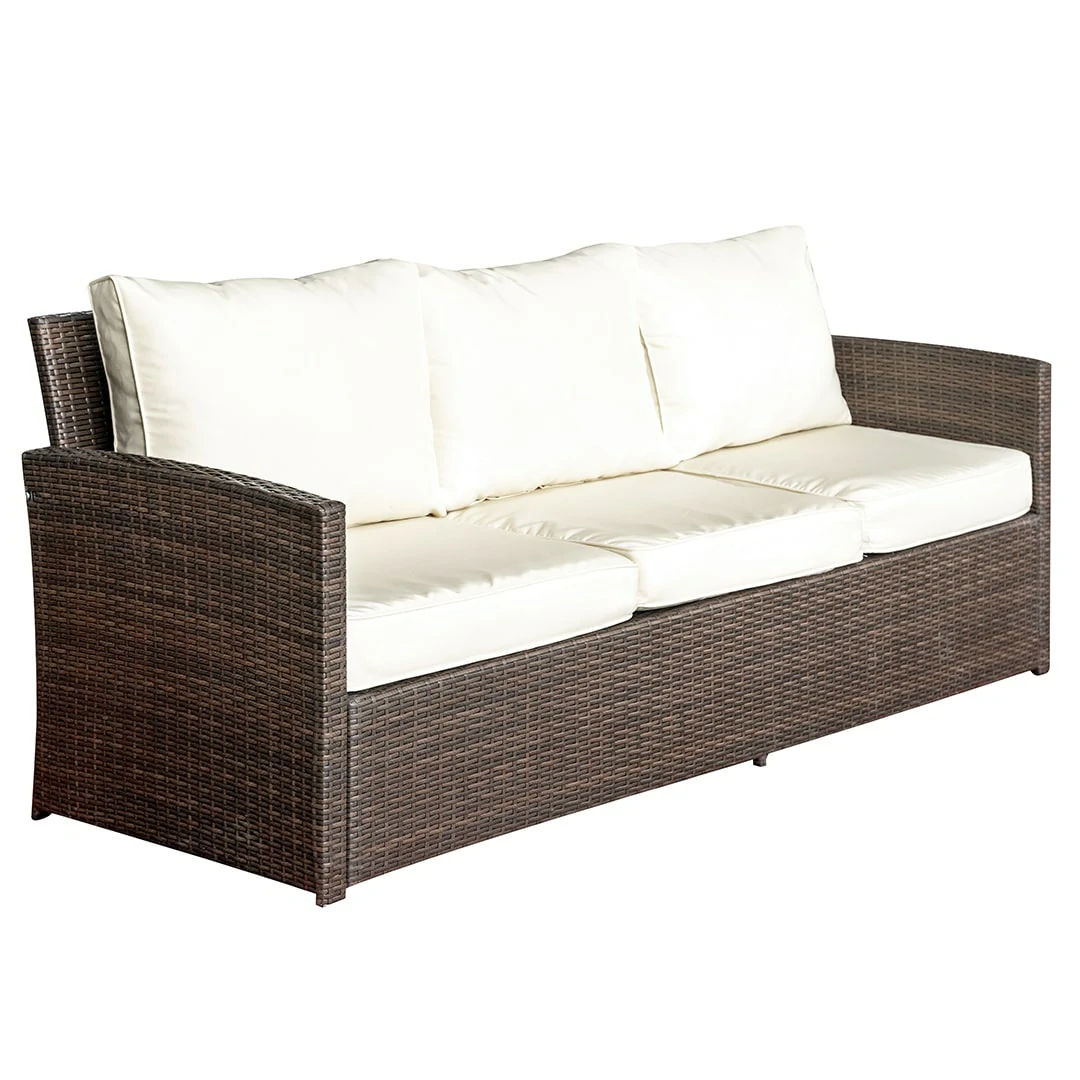3 Seater Rattan Garden Furniture Sofa Lounging Set With Gas Fire Pit Table, 2 Armchairs & 2 Stools