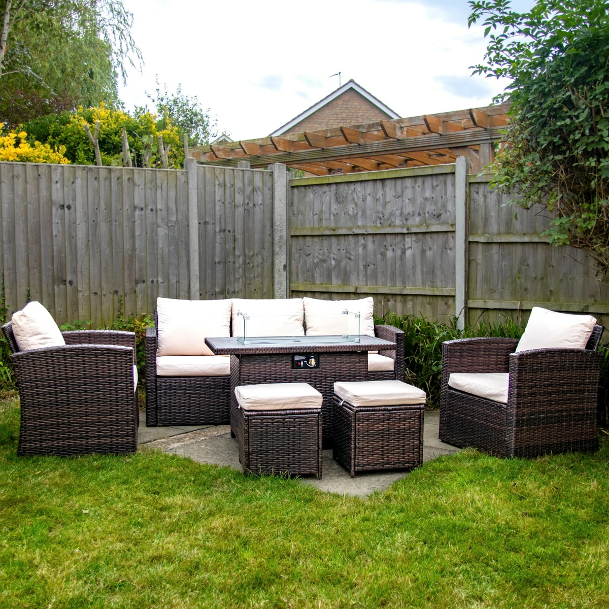 3 Seater Rattan Garden Furniture Sofa Lounging Set With Gas Fire Pit Table, 2 Armchairs & 2 Stools
