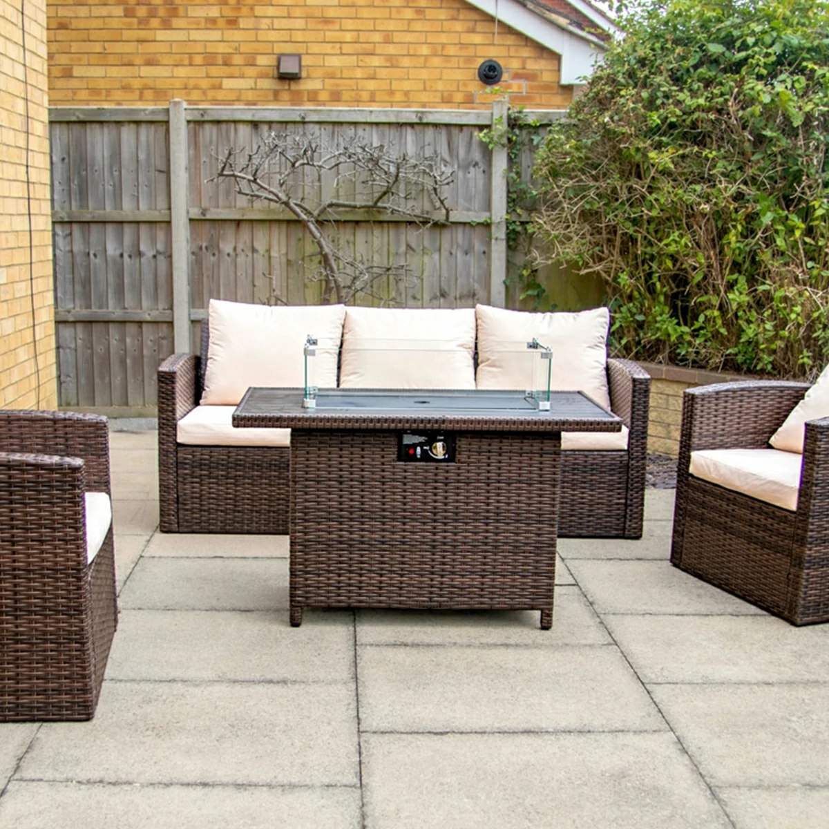 3 Seater Rattan Garden Furniture Sofa Lounging Set With Gas Fire Pit Table, 2 Armchairs & 2 Stools