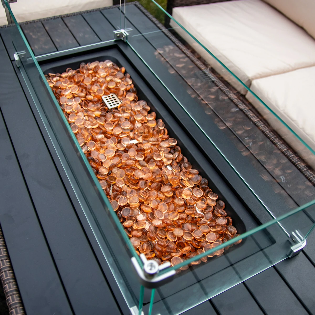 3 Seater Rattan Garden Furniture Sofa Lounging Set With Gas Fire Pit Table, 2 Armchairs & 2 Stools