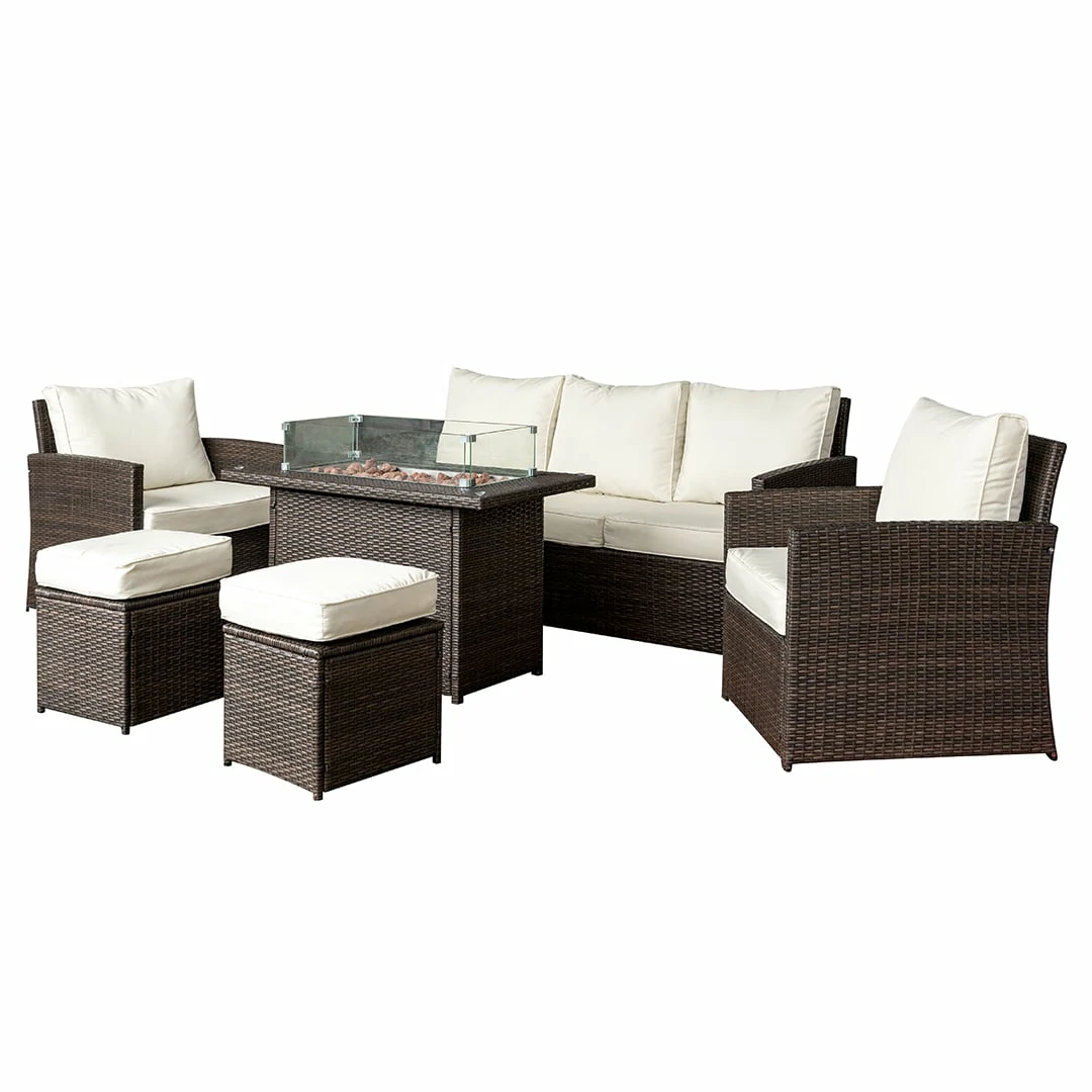 3 Seater Rattan Garden Furniture Sofa Lounging Set With Gas Fire Pit Table, 2 Armchairs & 2 Stools