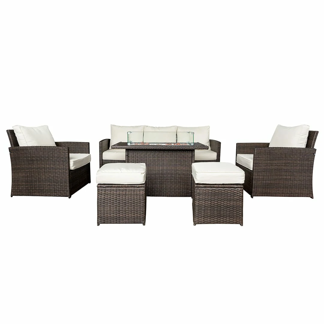 3 Seater Rattan Garden Furniture Sofa Lounging Set With Gas Fire Pit Table, 2 Armchairs & 2 Stools