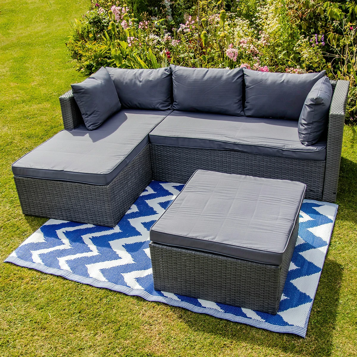 3 Seater Rattan Garden Furniture Sofa Lounging Set with Chaise Lounge & Footrest - Dark Grey