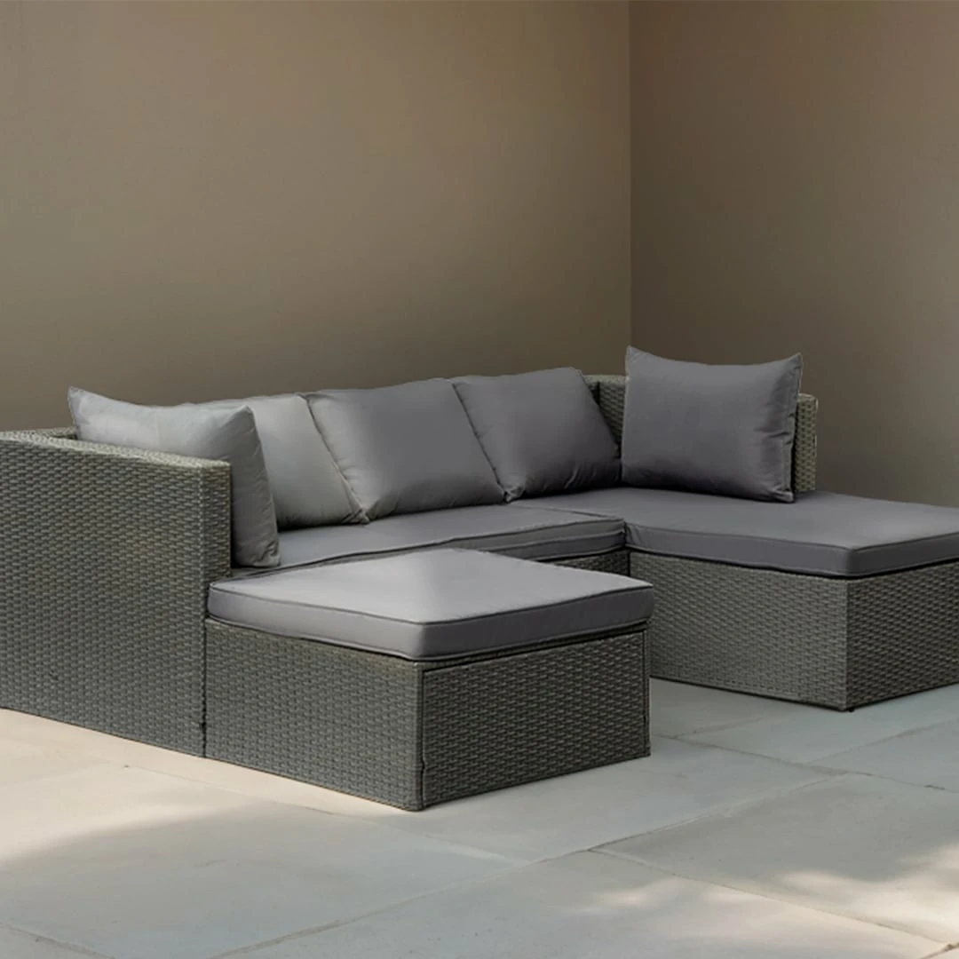 3 Seater Rattan Garden Furniture Sofa Lounging Set with Chaise Lounge & Footrest - Dark Grey