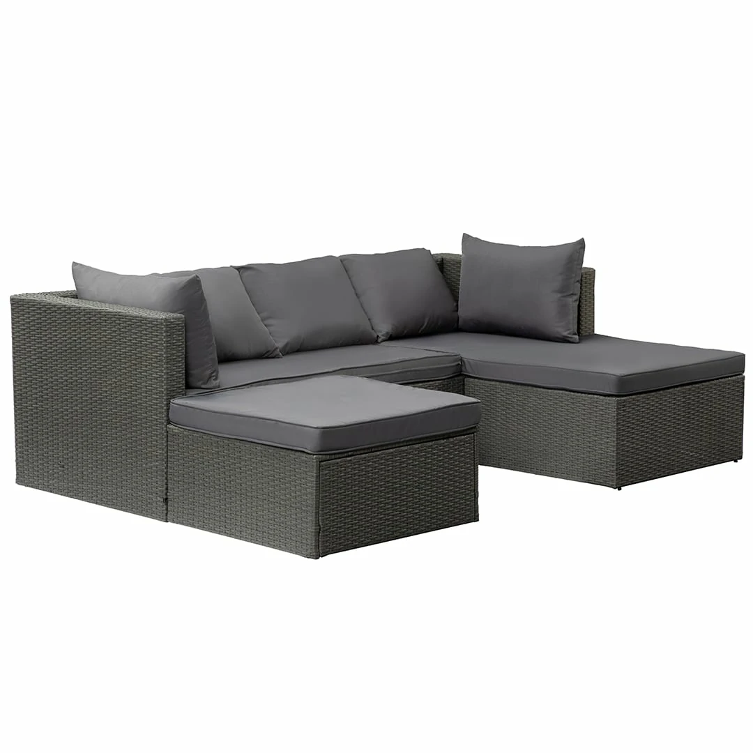 3 Seater Rattan Garden Furniture Sofa Lounging Set with Chaise Lounge & Footrest - Dark Grey