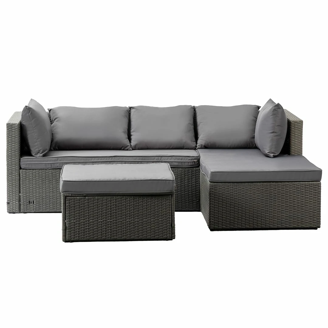3 Seater Rattan Garden Furniture Sofa Lounging Set with Chaise Lounge & Footrest - Dark Grey