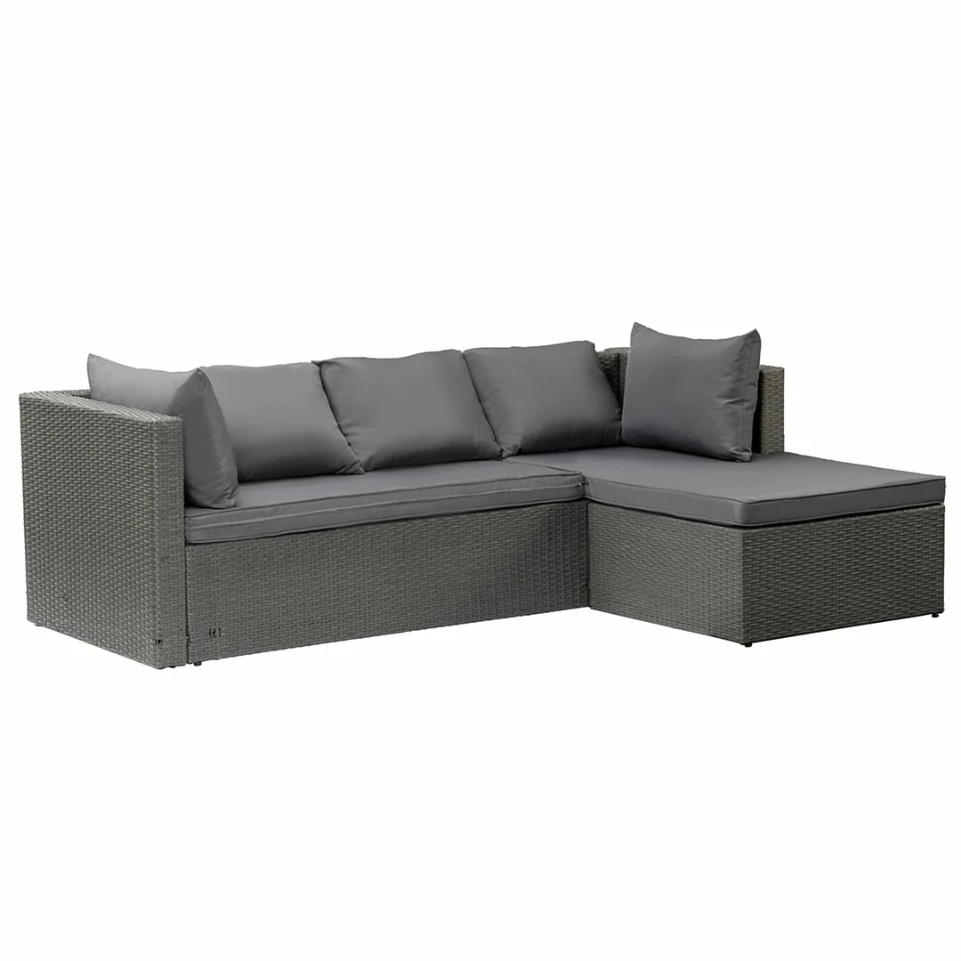 3 Seater Rattan Garden Furniture Sofa Lounging Set with Chaise Lounge & Footrest - Dark Grey