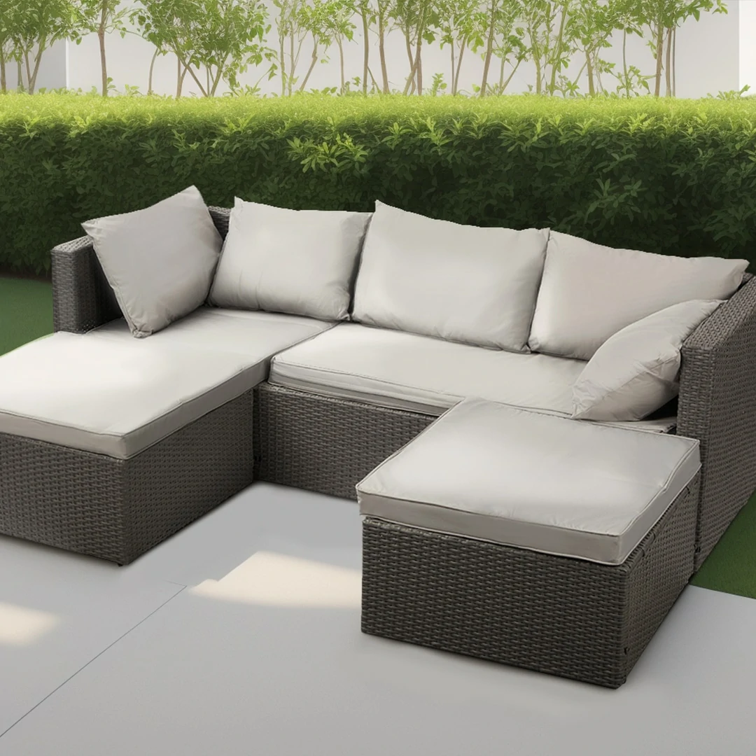 3 Seater Rattan Garden Furniture Sofa Lounging Set with Chaise Lounge & Footrest - Light Grey