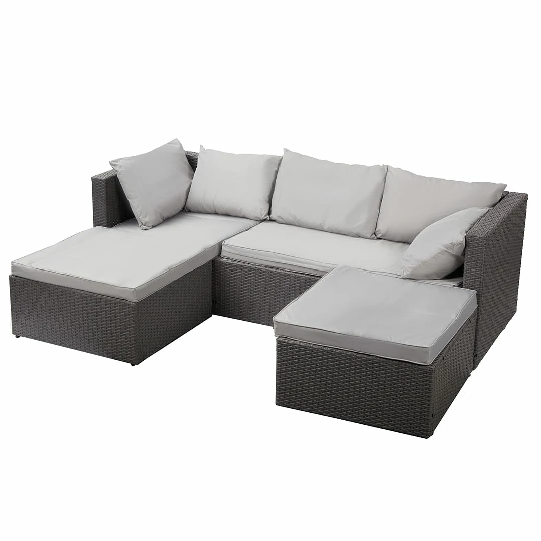 3 Seater Rattan Garden Furniture Sofa Lounging Set with Chaise Lounge & Footrest - Light Grey