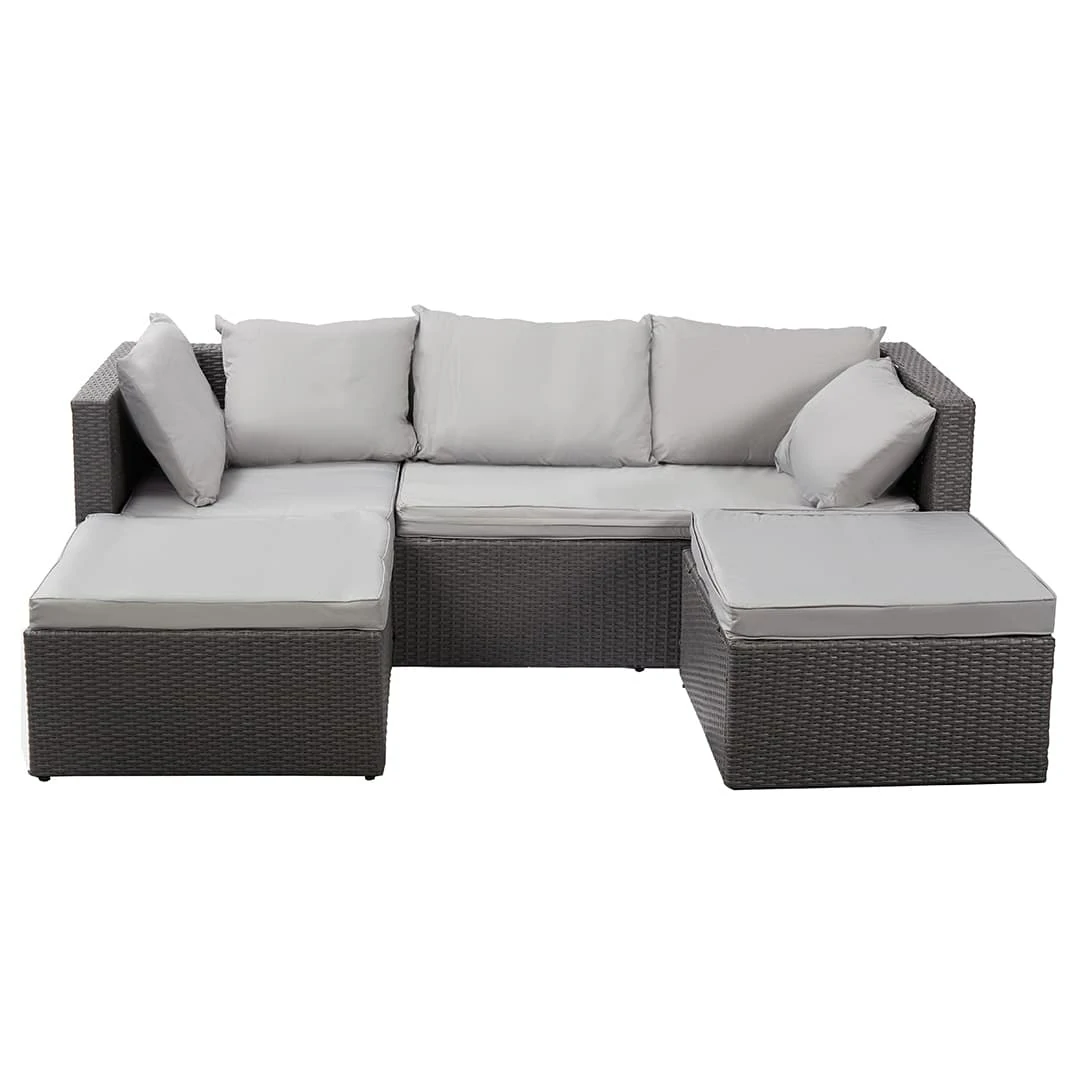 3 Seater Rattan Garden Furniture Sofa Lounging Set with Chaise Lounge & Footrest - Light Grey