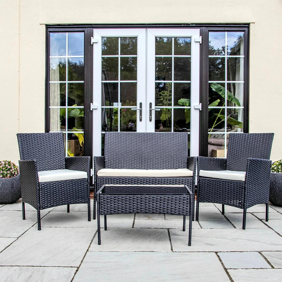 2 Seater Rattan Garden Furniture Sofa Lounging Set with 2 Armchairs & Coffee Table - Black
