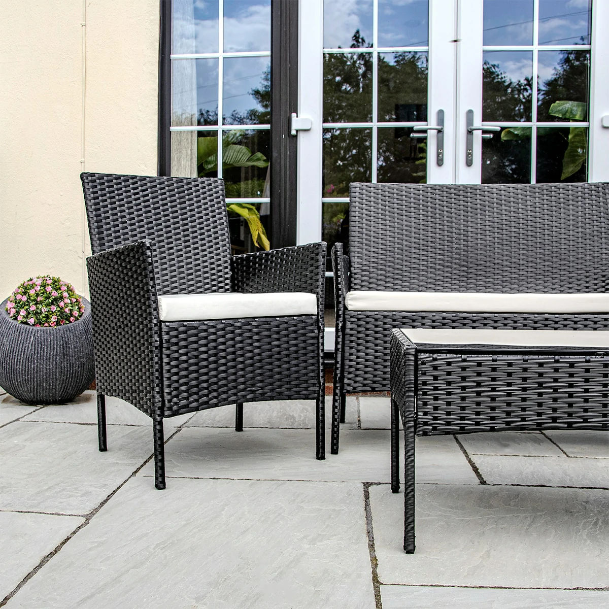 2 Seater Rattan Garden Furniture Sofa Lounging Set with 2 Armchairs & Coffee Table - Black
