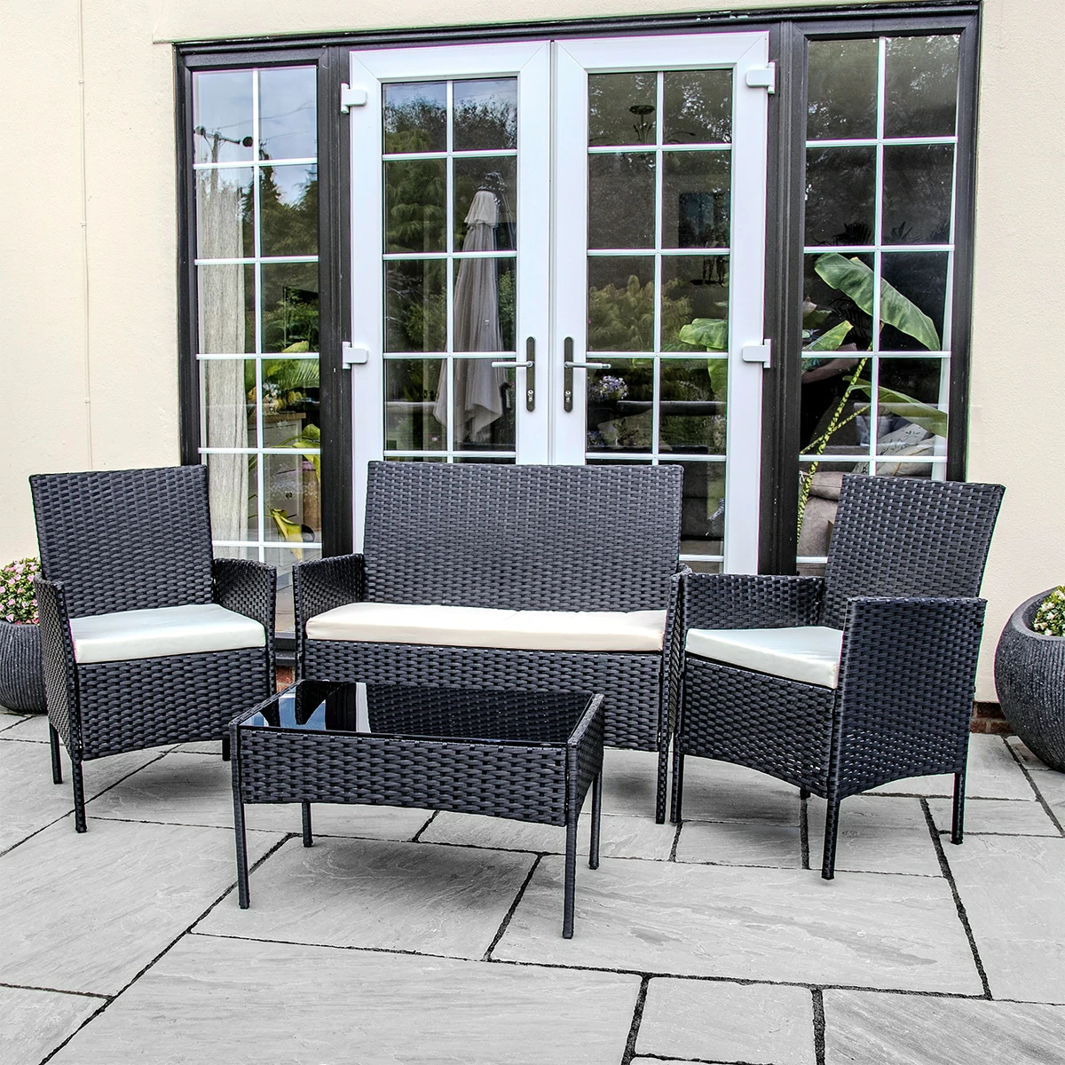 2 Seater Rattan Garden Furniture Sofa Lounging Set with 2 Armchairs & Coffee Table - Black