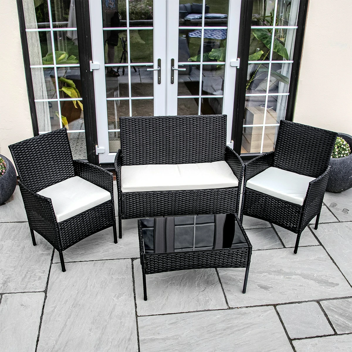 2 Seater Rattan Garden Furniture Sofa Lounging Set with 2 Armchairs & Coffee Table - Black