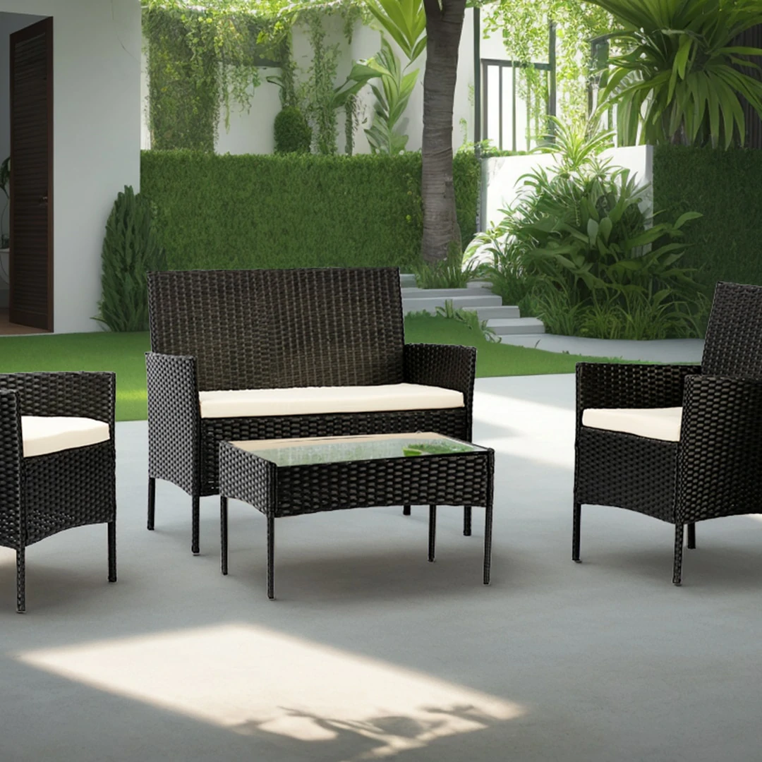 2 Seater Rattan Garden Furniture Sofa Lounging Set with 2 Armchairs & Coffee Table - Black