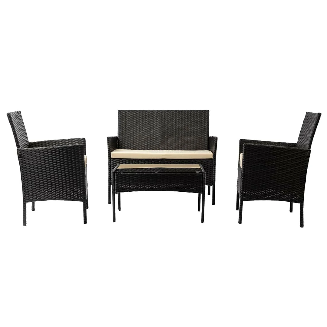 2 Seater Rattan Garden Furniture Sofa Lounging Set with 2 Armchairs & Coffee Table - Black