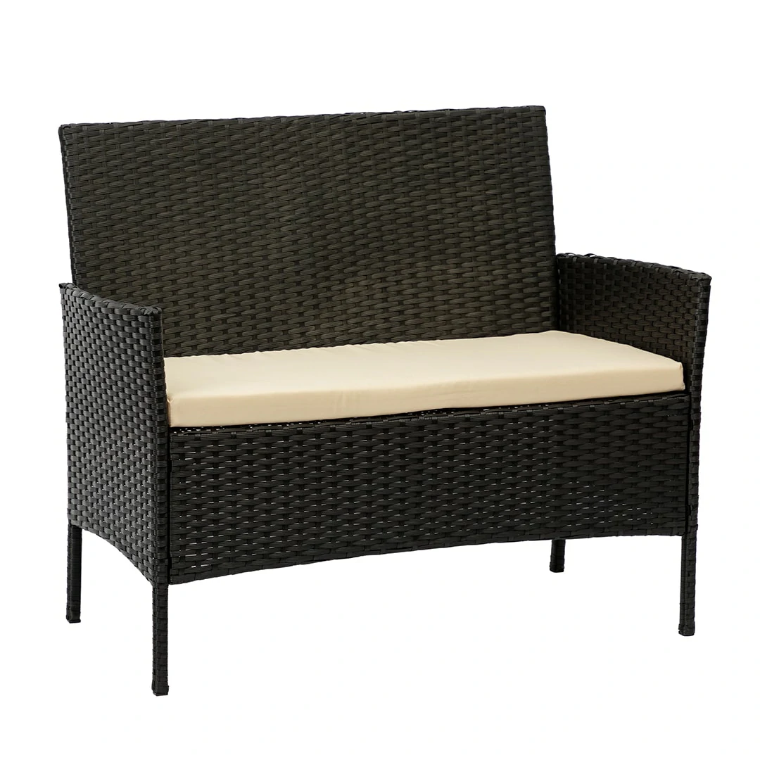 2 Seater Rattan Garden Furniture Sofa Lounging Set with 2 Armchairs & Coffee Table - Black