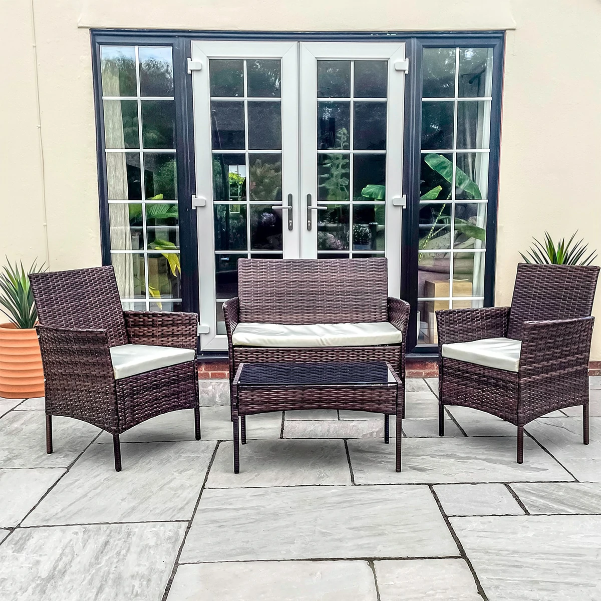 2 Seater Rattan Garden Furniture Sofa Lounging Set with 2 Armchairs & Coffee Table - Brown