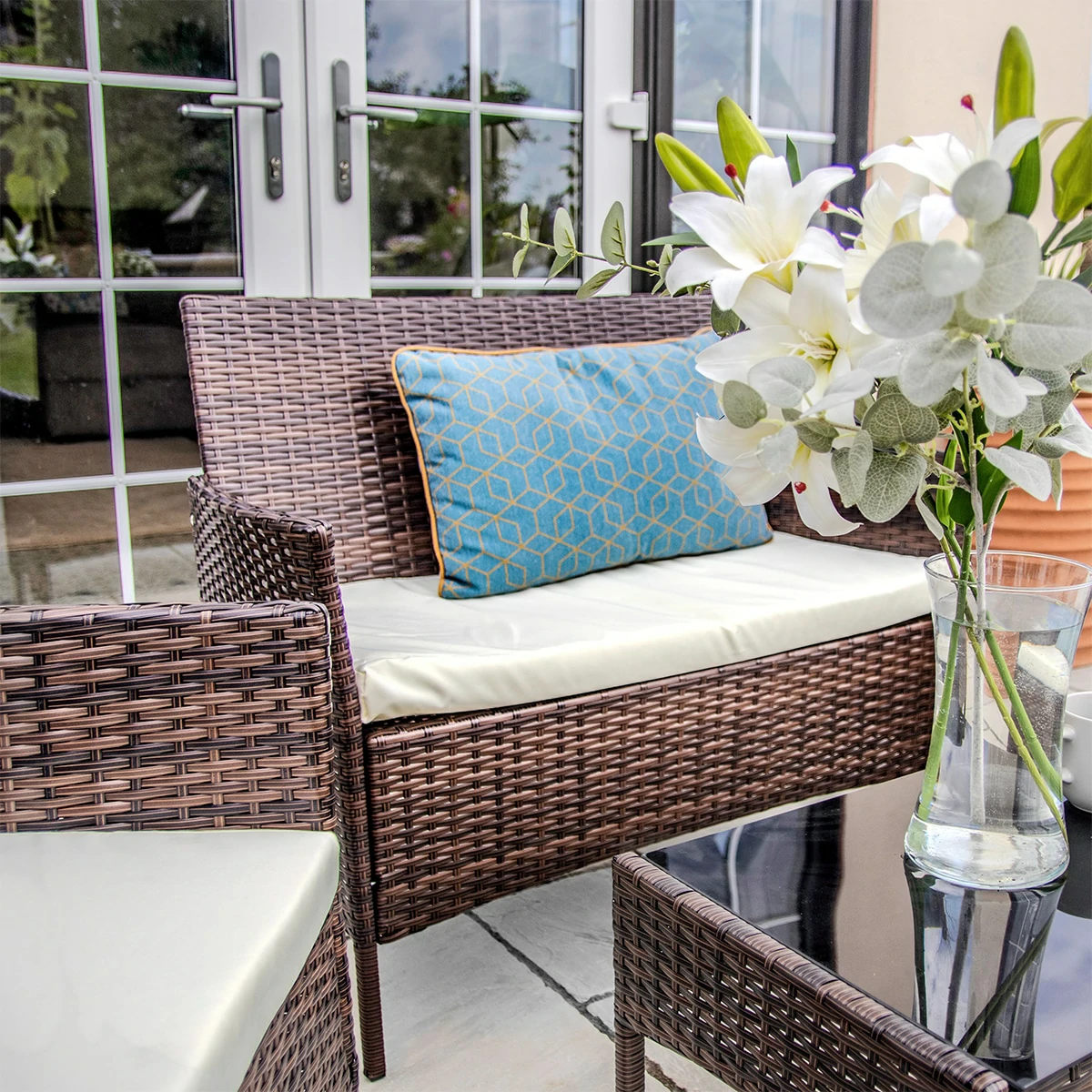 2 Seater Rattan Garden Furniture Sofa Lounging Set with 2 Armchairs & Coffee Table - Brown
