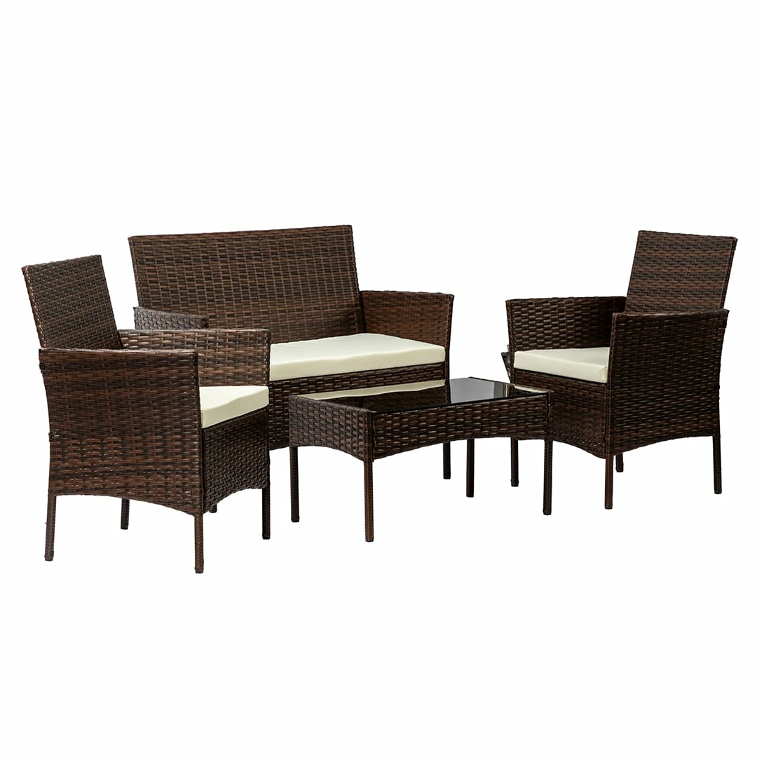 2 Seater Rattan Garden Furniture Sofa Lounging Set with 2 Armchairs & Coffee Table - Brown