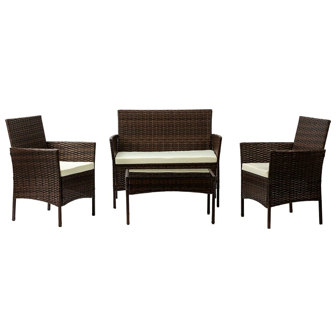 2 Seater Rattan Garden Furniture Sofa Lounging Set with 2 Armchairs & Coffee Table - Brown