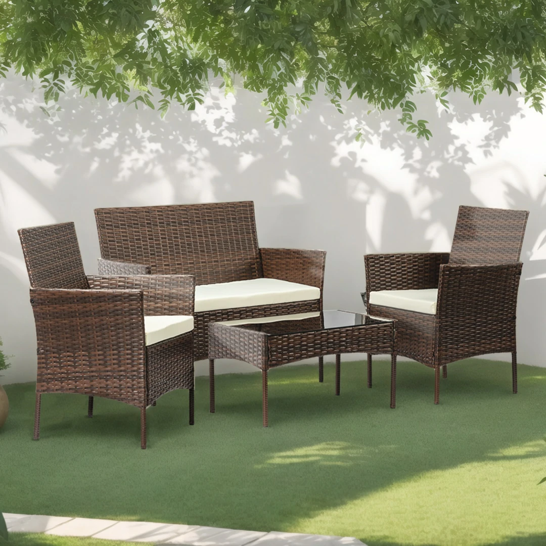 2 Seater Rattan Garden Furniture Sofa Lounging Set with 2 Armchairs & Coffee Table - Brown