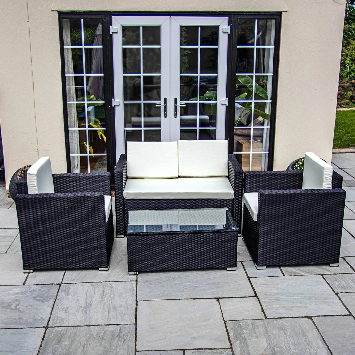 2 Seater Rattan Garden Furniture Sofa Lounging Set with 2 Armchairs & Coffee Table