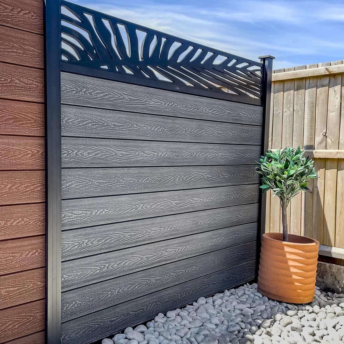 Composite Fencing Panel Kit - 3D Embossed With PVC Screen - Leaf - Black