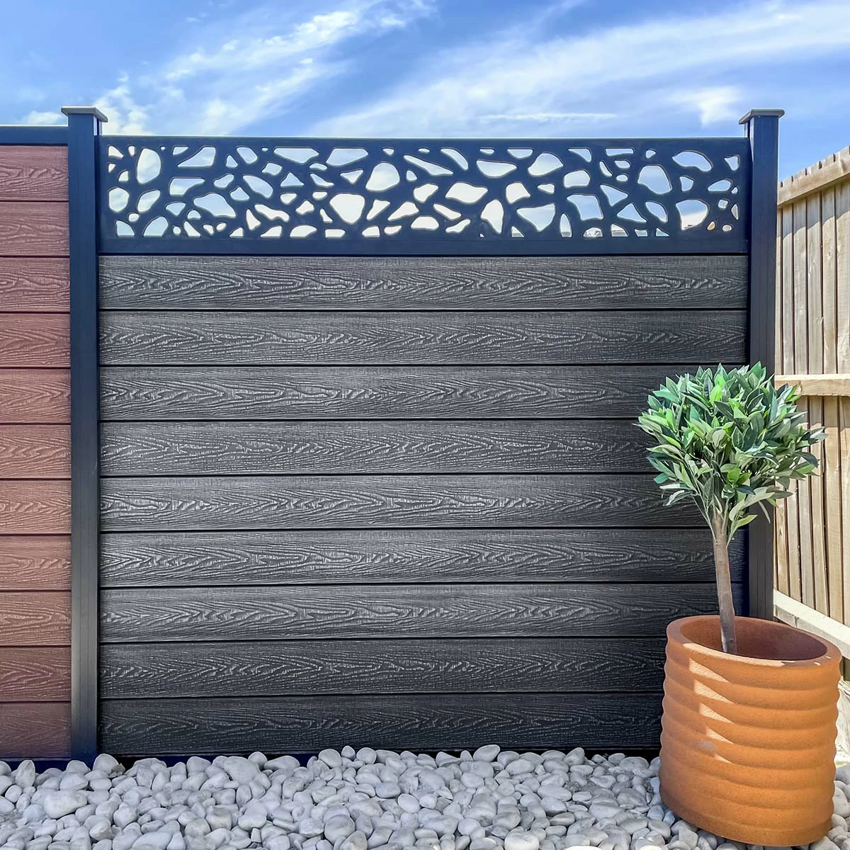 Composite Fencing Panel Kit - 3D Embossed With PVC Screen - Pebbles - Black